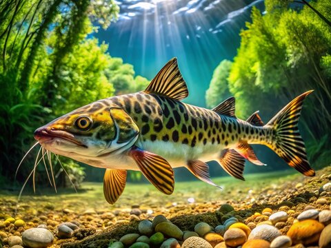 Panoramic Underwater Shot of a Tiger Shovelnose Catfish in its Natural Habitat