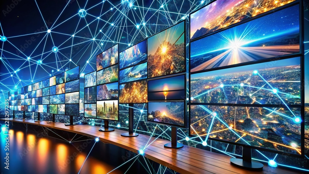 Poster panoramic view: complex network of interconnected devices and screens - technology innovation