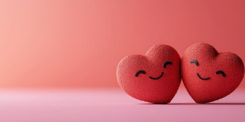 Smiling red paper hearts on pastel pink, representing love and fun. Ideal for Valentine's Day and creative greeting cards.
