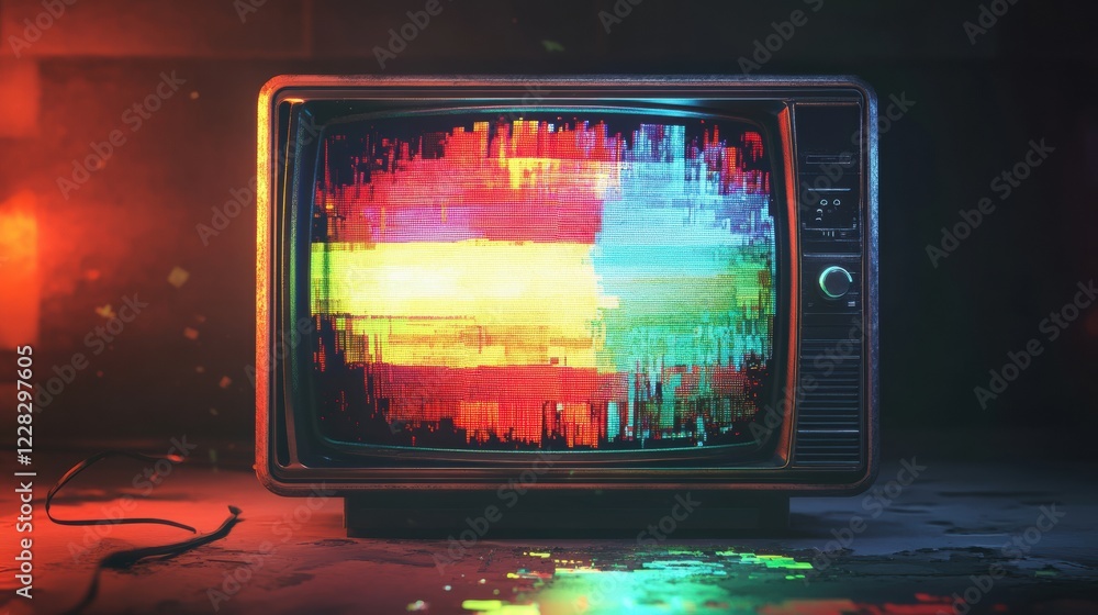 Poster retro television screen displaying colorful static noise and glitch patterns in a dimly lit room. ge