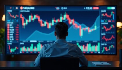 Businessman sits in front of a large screen displaying stock market data and financial charts, keyboard, finance, office