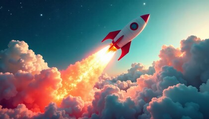 Bold rocket blasting towards a wispy cloud layer, clouds, motion, propulsion