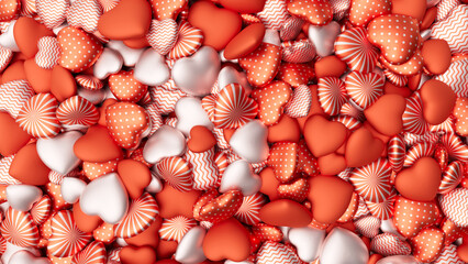 Red and pink textured hearts background for Valentine's Day. Pile of hearts. Romantic backdrop. 3d render illustration