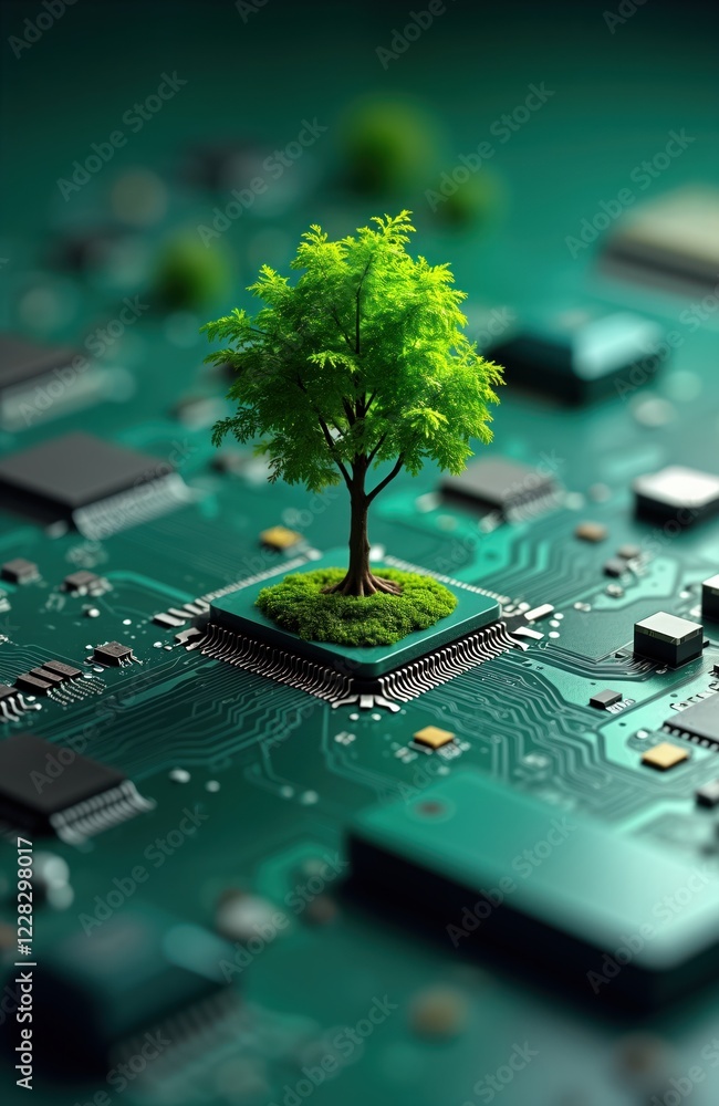 Poster Eco friendly tech concept. Small tree grows on computer circuit board. Sustainable tech, green computing. Future green, digital. Environmentally responsible innovation. Green, CSR. Image for