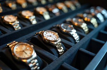 Luxury watches displayed in elegant, organized storage box. Premium watches arranged on black cushions inside box. Focus on watches shows high-end design, craftsmanship, precision. Perfect showcase