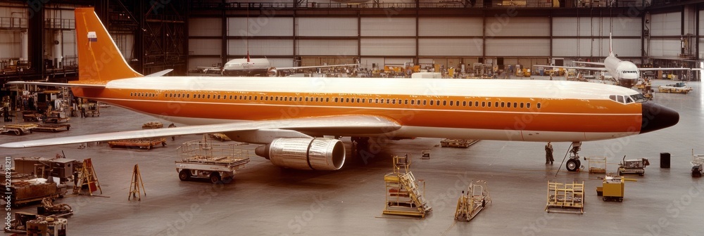 Aufkleber aircraft maintenance activity inside a large hangar during daytime with various tools and equipment 