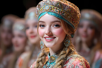 Fototapeta premium Colorful dancers in vibrant traditional costumes performing a cultural dance on a colorful stage