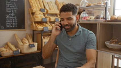 Young man talking on phone while sitting in a cozy bakery surrounded by bread and pastries