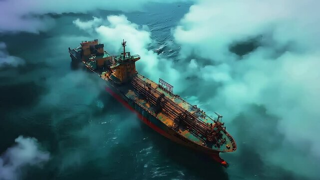 Massive cargo vessel navigating misty oceanic waters, low hanging clouds partially veiling maritime transport amid dramatic, mysterious seascape environment
