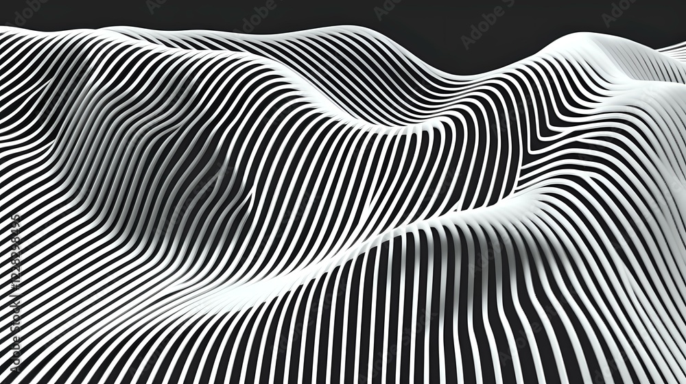 Poster abstract black and white wavy lines creating dynamic optical illusion pattern with flowing curves an