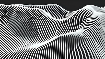 Abstract black and white wavy lines creating dynamic optical illusion pattern with flowing curves and undulating stripes on dark background for modern design projects.