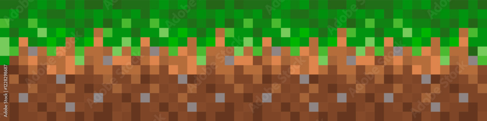 Poster grass texture with soil in pixel style. 8-bit pixel art playground. game ground pixelated background