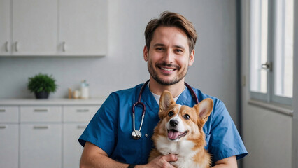 happy man, male vet doctor in blue uniform cuddling welsh corgi dog, playing with little dog after treatment
