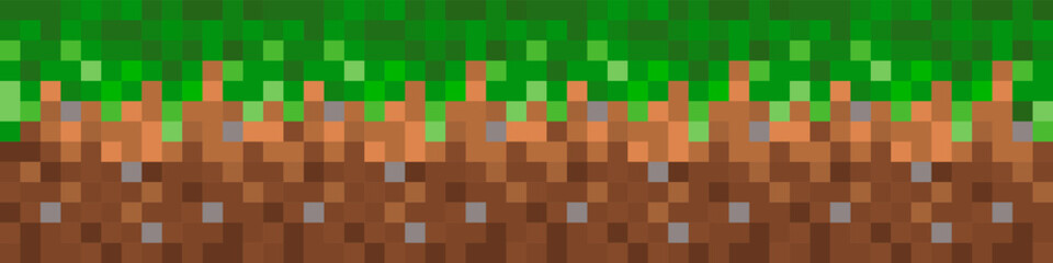 Grass texture with soil in pixel style. 8-bit pixel art playground. Game ground pixelated background. Vector illustration.