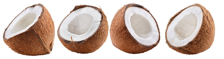 Four halves of ripe coconut showing white flesh on transparent background