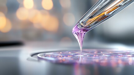 Glass pipette dropping purple liquid onto reflective surface with soft bokeh background lights creating scientific laboratory atmosphere.