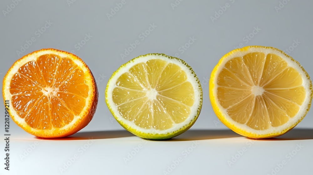 Poster fresh citrus fruit slices of orange, lime and lemon arranged in row on white background showing juic
