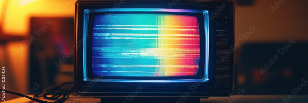 Poster retro television screen showcasing colorful glitch patterns and static noise in a dimly lit room. ge