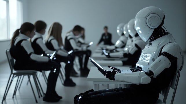 Futuristic classroom with robots learning technology and education