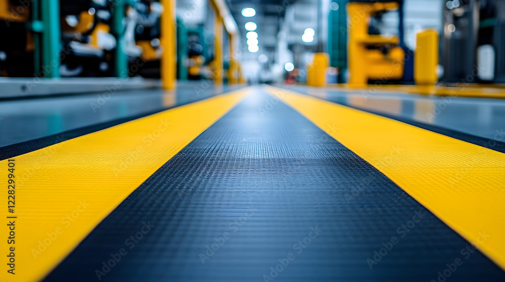 Poster a detailed shot of a floor marking tape creating clearly designated walkways and hazardous areas imp