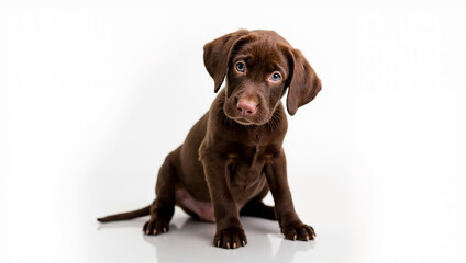 Fototapeta premium Adorable Chocholate Labrador Puppy with Sad Eyes Looking Up