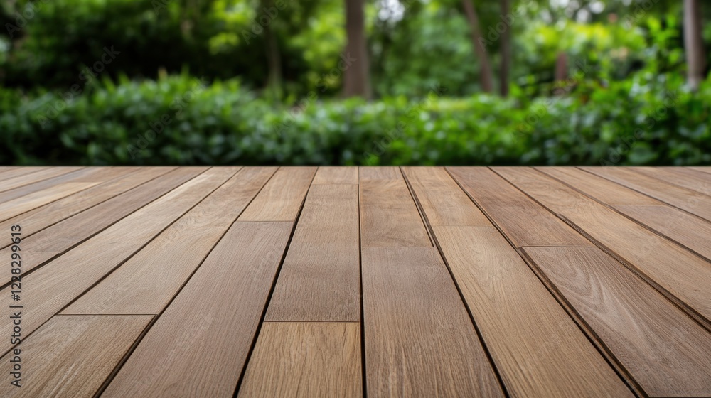 Poster close-up view of wooden planks on a table with a blurred green nature background in soft focus