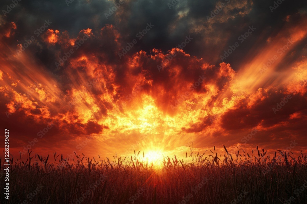 Aufkleber Golden rays illuminate wheat fields at sunset with dramatic cloud patterns and vibrant colors. Generative AI