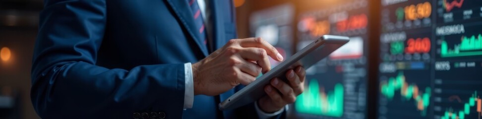 Obraz premium Businessman analyzing stock market data on tablet, finance, money, business