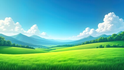 Obraz premium Panoramic view of rich green field stretching towards horizon line. Rolling hills, blue mountains form serene backdrop under bright blue sky with fluffy white clouds. Sunlight illuminates scene