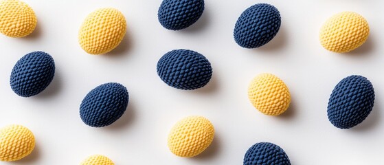 Fototapeta premium Colorful Pattern of Textured Eggs in Blue and Yellow on a White Background for Creative Design Concepts