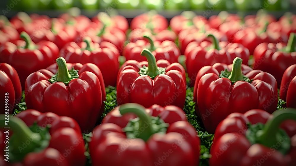 Poster fresh red bell peppers arranged in rows with vibrant green stems, showing natural texture and patter