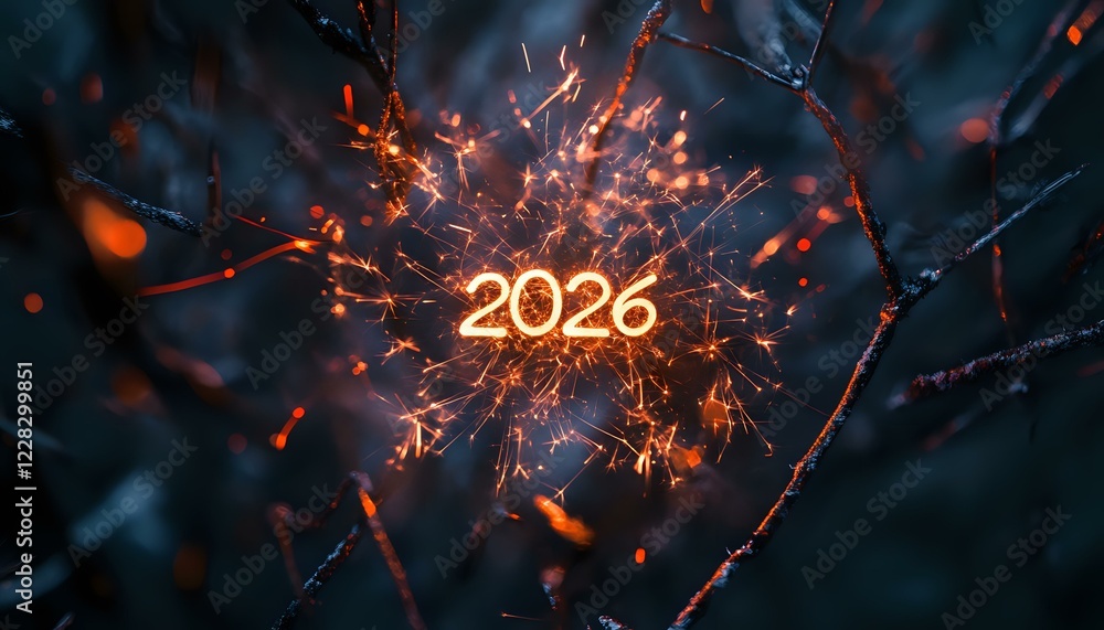 Poster glowing numbers 2026 created with sparkler light trails against dark background with flying sparks a