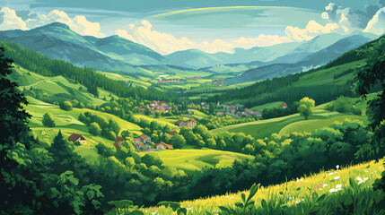 Obraz premium A panoramic view of a valley with a rainbow in the distance, surrounded by lush green mountains and a small town. Rainbow Ridge. Illustration