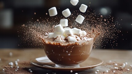 Delicious hot chocolate with marshmallows cozy kitchen food warm atmosphere close-up indulgence