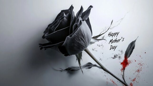 Black rose on white background with red accents and happy mother's day text