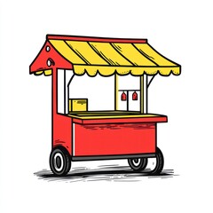 Red food cart, selling snacks, street market, illustration