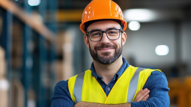 Confident male worker in safety gear smiling at warehouse looking at the camera with bright orange safety helmet