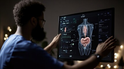 African adult male analyzing medical data on digital display with human anatomy visualization