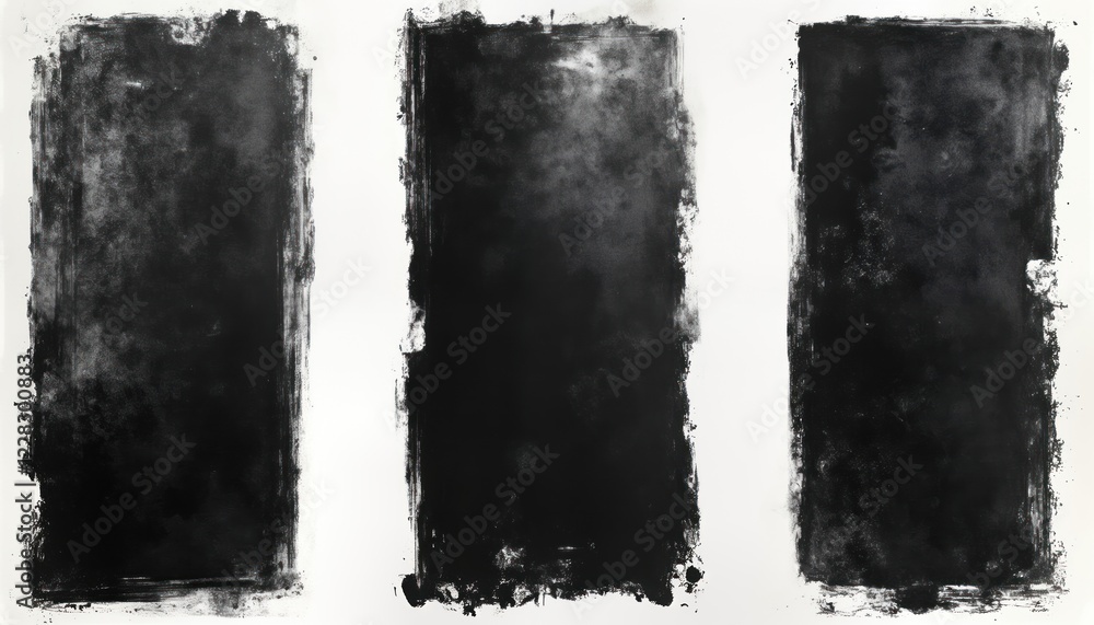 Poster black ink stamp textures create three unique frames. hand-made letterpress technique shows varied in