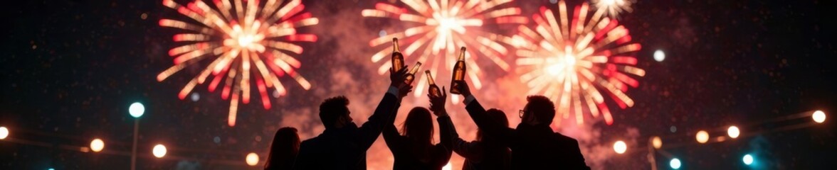 Business team raising champagne bottles amidst vibrant fireworks explosion on dark background, party atmosphere, toasting, fireworks