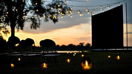 Outdoor evening movie screening setup with string lights and candlelit seating