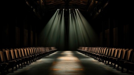 Naklejka premium Dramatic theater stage with empty seats illuminated by spotlights