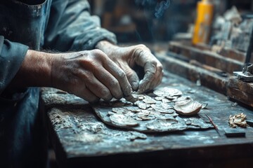 A potter's hands meticulously shape clay pieces, creating unique and artistic forms on a rustic workbench.