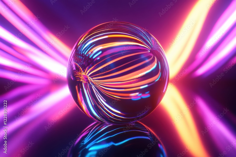 Poster Spinning globe with glowing contour lines illuminated by vibrant colors and dynamic light trails. Generative AI