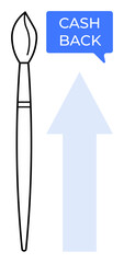 Paintbrush beside upward blue arrow and speech bubble with CASH BACK. Ideal for finance, creativity, marketing, business growth, investment, art, customer rewards. Abstract line flat metaphor