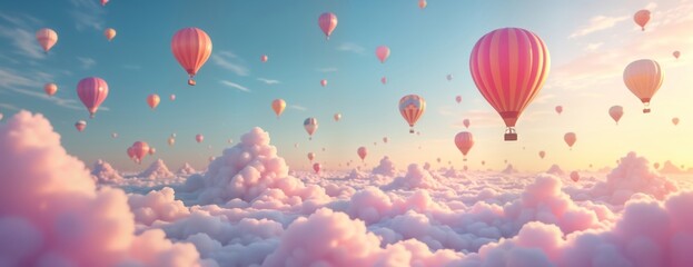 Obraz premium Pastel rainbow sky filled with fluffy cotton candy clouds. Many hot air balloons in various pastel colors float effortlessly amidst clouds. Dreamy, whimsical scene. Soft light suggests sunrise