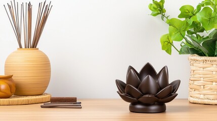 Elegant lotus incense holder surrounded by natural decor elements and aromatic sticks on wooden table