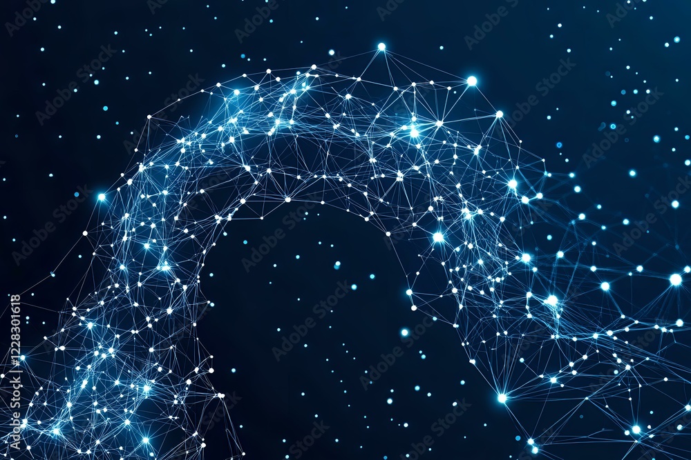 Poster abstract network of glowing blue dots connected by lines forming curved shape against dark starry ba