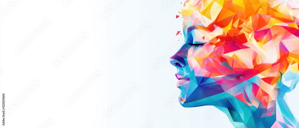 Poster banner design with a polygonal human brain and a blue vector background on white, an ai concept art 