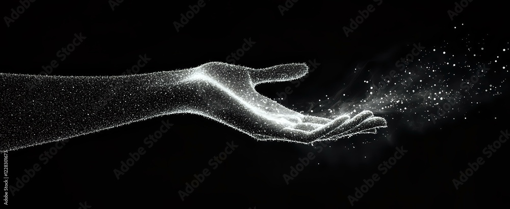 Poster glowing silhouette of outstretched hand with magical sparkles and light particles floating against d